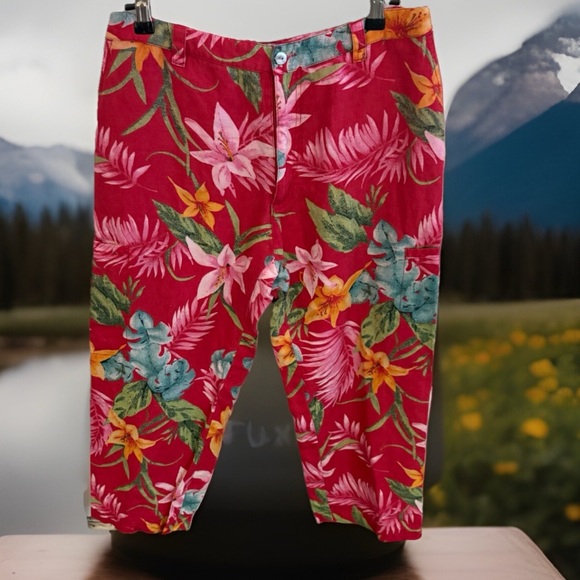 Chico's Red Hawaiian Tropical Vacation Cropped Linen Luau Beach Pants Medium - Picture 1 of 6